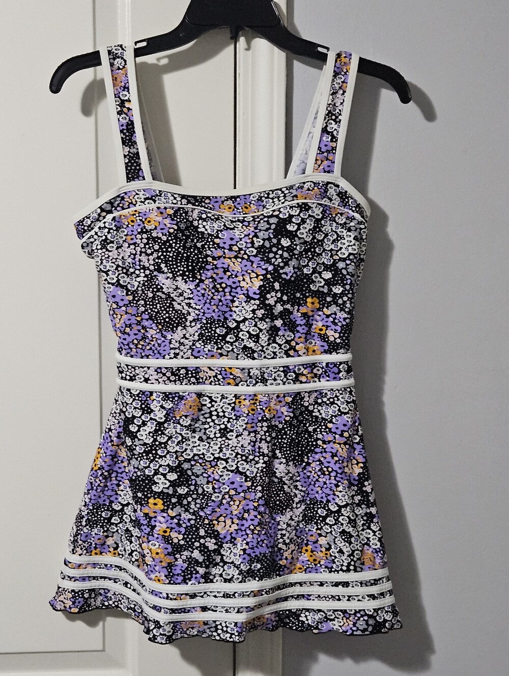 Floral Fit & Flare One-Piece Swimsuit in Black, Lavender & Yellow